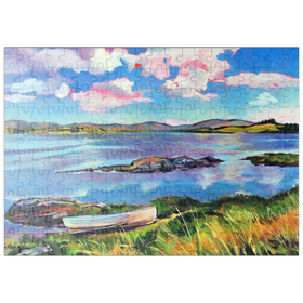 Darstellung des Puzzle Motivs Ruhiges Seeufer mit Ruderboot - Puzzleteile: 200