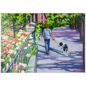 Darstellung des Puzzle Motivs Morgenspaziergang mit blühenden Blumen - Puzzleteile: 1000