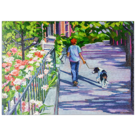Darstellung des Puzzle Motivs Morgenspaziergang mit blühenden Blumen - Puzzleteile: 500