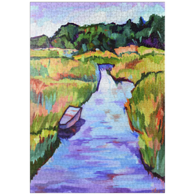 Darstellung des Puzzle-Motivs Farbenfrohe Flusslandschaft mit Boot – Puzzleteile: 1000