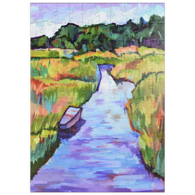 Darstellung des Puzzle Motivs Farbenfrohe Flusslandschaft mit Boot - Puzzleteile: 100