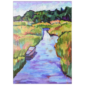 Darstellung des Puzzle Motivs Farbenfrohe Flusslandschaft mit Boot - Puzzleteile: 200