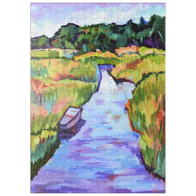 Darstellung des Puzzle-Motivs Farbenfrohe Flusslandschaft mit Boot – Puzzleteile: 500
