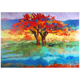 Darstellung des Puzzle Motivs Herbstbaum in lebendiger Landschaft - Puzzleteile: 1000