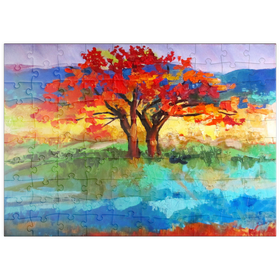 Darstellung des Puzzle Motivs Herbstbaum in lebendiger Landschaft - Puzzleteile: 100