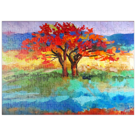 Darstellung des Puzzle Motivs Herbstbaum in lebendiger Landschaft - Puzzleteile: 200