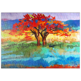 Darstellung des Puzzle Motivs Herbstbaum in lebendiger Landschaft - Puzzleteile: 500