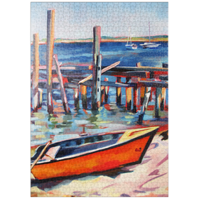 Darstellung des Puzzle-Motivs Farbenfrohes Hafenviertel mit orangefarbenem Ruderboot – Puzzleteile: 1000