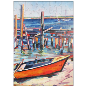 Darstellung des Puzzle Motivs Farbenfrohes Hafenviertel mit orangefarbenem Ruderboot - Puzzleteile: 100