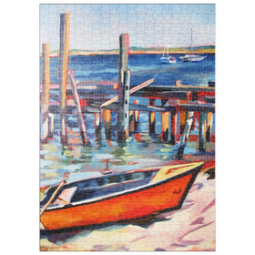 Darstellung des Puzzle-Motivs Farbenfrohes Hafenviertel mit orangefarbenem Ruderboot – Puzzleteile: 500