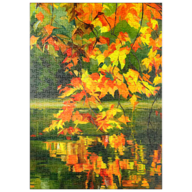 Darstellung des Puzzle Motivs Herbstblätter spiegeln sich auf ruhigem Wasser - Puzzleteile: 500