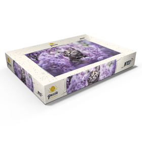Darstellung des Puzzle Motivs Kätzchen zwischen blühenden Fliederblüten - Puzzleteile: 1000