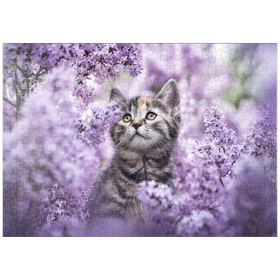Darstellung des Puzzle Motivs Kätzchen zwischen blühenden Fliederblüten - Puzzleteile: 1000