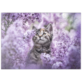 Darstellung des Puzzle Motivs Kätzchen zwischen blühenden Fliederblüten - Puzzleteile: 200