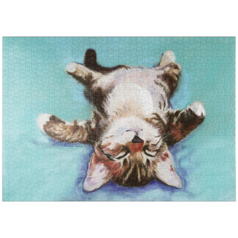 puzzleplate Relaxed Kitten on Turquoise Background 1000 Puzzle