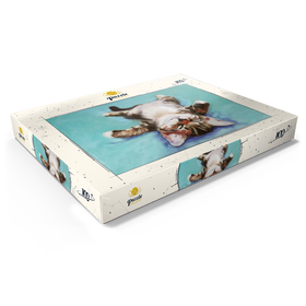 Darstellung des Puzzle Motivs Entspanntes Kätzchen auf türkisfarbenem Hintergrund - Puzzleteile: 100