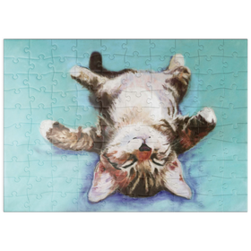 Darstellung des Puzzle Motivs Entspanntes Kätzchen auf türkisfarbenem Hintergrund - Puzzleteile: 100