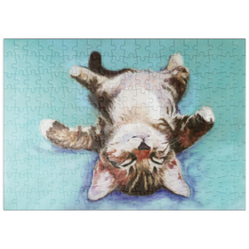 Darstellung des Puzzle Motivs Entspanntes Kätzchen auf türkisfarbenem Hintergrund - Puzzleteile: 200