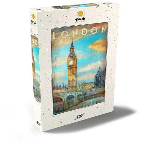 Darstellung des Puzzle Motivs Vintage London Big Ben Kunstwerk - Retro Travel Poster Stil Vintage London Big Ben Artwork – Retro Travel Poster Style 1000 Puzzle Schachtel Ansicht2