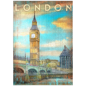 Darstellung des Puzzle-Motivs Vintage London Big Ben Kunstwerk - Retro Travel Poster Stil – Puzzleteile: 1000