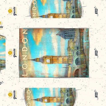 Darstellung des Puzzle Motivs Vintage London Big Ben Artwork – Retro Travel Poster Style 1000 Puzzle Schachtel 3D Modell