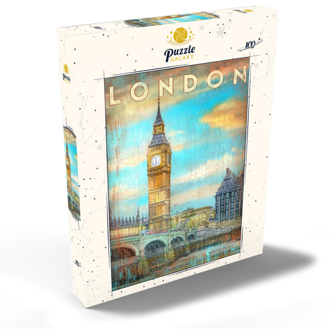 Darstellung des Puzzle Motivs Vintage London Big Ben Kunstwerk - Retro Travel Poster Stil Vintage London Big Ben Artwork – Retro Travel Poster Style 100 Puzzle Schachtel Ansicht2