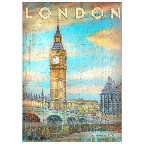 Darstellung des Puzzle Motivs Vintage London Big Ben Kunstwerk - Retro Travel Poster Stil puzzleplate Vintage London Big Ben Artwork – Retro Travel Poster Style 100 Puzzle