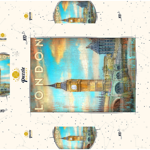Darstellung des Puzzle Motivs Vintage London Big Ben Kunstwerk - Retro Travel Poster Stil Vintage London Big Ben Artwork – Retro Travel Poster Style 100 Puzzle Schachtel 3D Modell