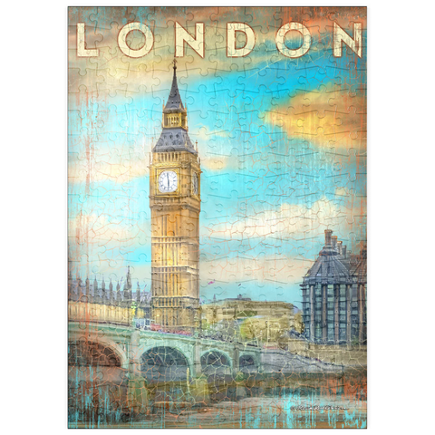 Darstellung des Puzzle Motivs Vintage London Big Ben Kunstwerk - Retro Travel Poster Stil puzzleplate Vintage London Big Ben Artwork – Retro Travel Poster Style 200 Puzzle