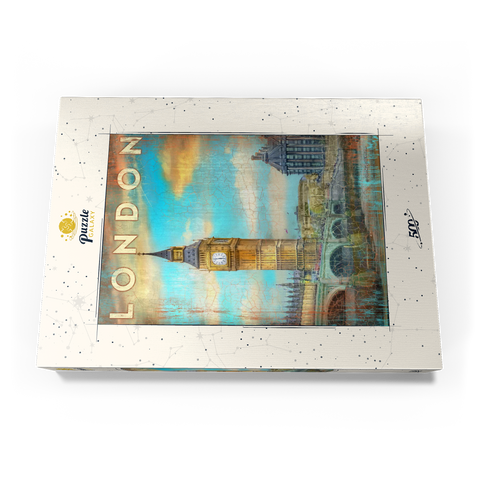 Darstellung des Puzzle Motivs Vintage London Big Ben Kunstwerk - Retro Travel Poster Stil Vintage London Big Ben Artwork – Retro Travel Poster Style 500 Puzzle Schachtel Ansicht3