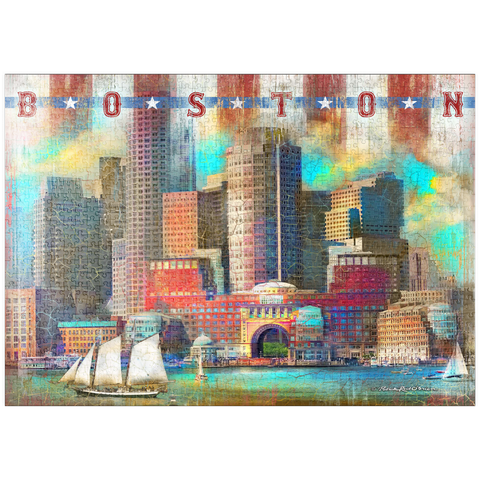 Darstellung des Puzzle Motivs Vintage Boston Harbor Skyline - Patriotische Retro-Stadt Kunst puzzleplate Vintage Boston Harbor Skyline – Patriotic Retro City Art 1000 Puzzle