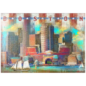 Darstellung des Puzzle Motivs Vintage Boston Harbor Skyline - Patriotische Retro-Stadt Kunst - Puzzleteile: 1000