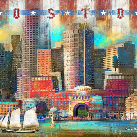 Darstellung des Puzzle Motivs Vintage Boston Harbor Skyline - Patriotische Retro-Stadt Kunst Vintage Boston Harbor Skyline – Patriotic Retro City Art 1000 Puzzle 3D Modell