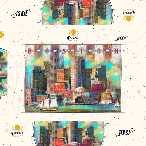 Darstellung des Puzzle Motivs Vintage Boston Harbor Skyline - Patriotische Retro-Stadt Kunst Vintage Boston Harbor Skyline – Patriotic Retro City Art 1000 Puzzle Schachtel 3D Modell