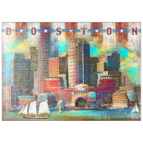 Darstellung des Puzzle Motivs Vintage Boston Harbor Skyline - Patriotische Retro-Stadt Kunst puzzleplate Vintage Boston Harbor Skyline – Patriotic Retro City Art 100 Puzzle