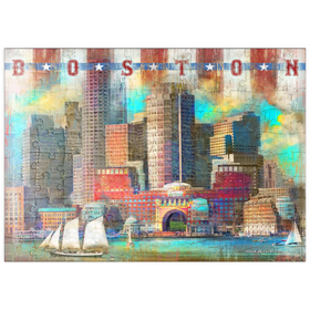 Darstellung des Puzzle Motivs Vintage Boston Harbor Skyline - Patriotische Retro-Stadt Kunst - Puzzleteile: 100