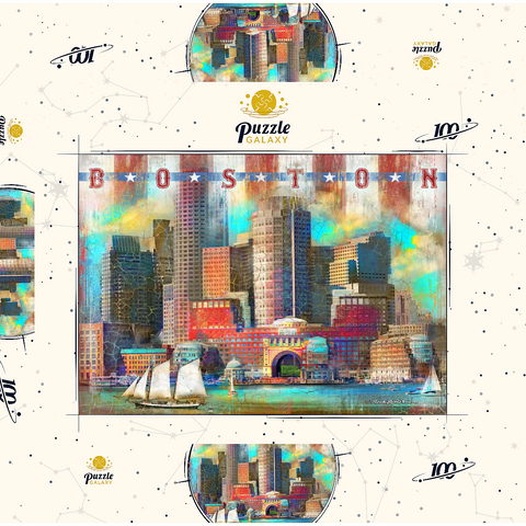 Darstellung des Puzzle Motivs Vintage Boston Harbor Skyline - Patriotische Retro-Stadt Kunst Vintage Boston Harbor Skyline – Patriotic Retro City Art 100 Puzzle Schachtel 3D Modell