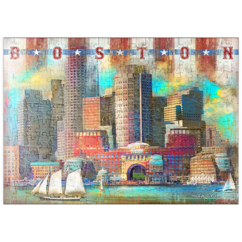 Darstellung des Puzzle Motivs Vintage Boston Harbor Skyline - Patriotische Retro-Stadt Kunst puzzleplate Vintage Boston Harbor Skyline – Patriotic Retro City Art 200 Puzzle