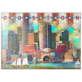 Darstellung des Puzzle Motivs Vintage Boston Harbor Skyline - Patriotische Retro-Stadt Kunst - Puzzleteile: 200