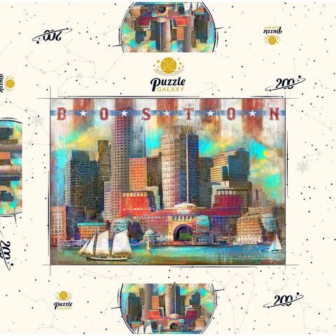 Darstellung des Puzzle Motivs Vintage Boston Harbor Skyline - Patriotische Retro-Stadt Kunst Vintage Boston Harbor Skyline – Patriotic Retro City Art 200 Puzzle Schachtel 3D Modell