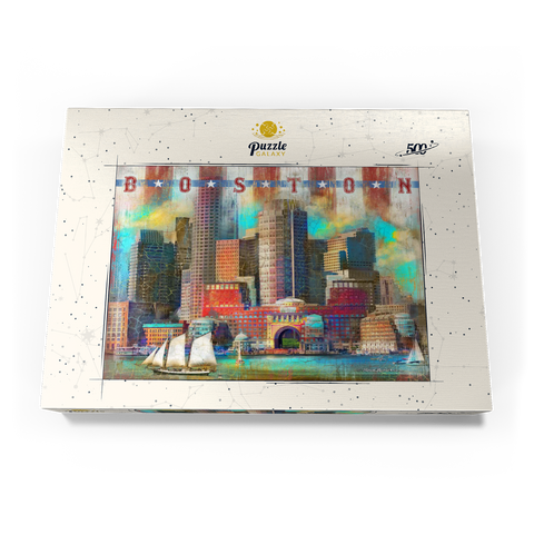 Darstellung des Puzzle Motivs Vintage Boston Harbor Skyline - Patriotische Retro-Stadt Kunst Vintage Boston Harbor Skyline – Patriotic Retro City Art 500 Puzzle Schachtel Ansicht3