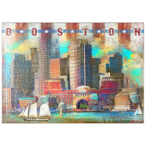 Darstellung des Puzzle Motivs Vintage Boston Harbor Skyline - Patriotische Retro-Stadt Kunst puzzleplate Vintage Boston Harbor Skyline – Patriotic Retro City Art 500 Puzzle