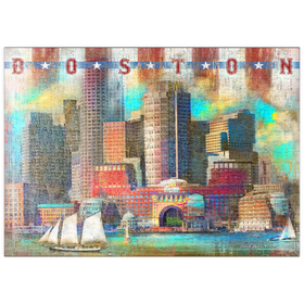 Darstellung des Puzzle Motivs Vintage Boston Harbor Skyline - Patriotische Retro-Stadt Kunst - Puzzleteile: 500