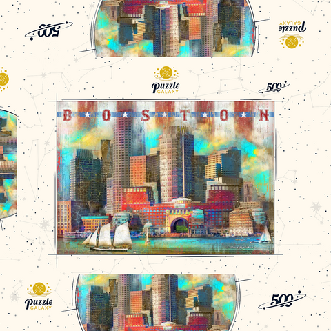 Darstellung des Puzzle Motivs Vintage Boston Harbor Skyline - Patriotische Retro-Stadt Kunst Vintage Boston Harbor Skyline – Patriotic Retro City Art 500 Puzzle Schachtel 3D Modell