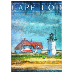 Darstellung des Puzzle Motivs Vintage Cape Cod Leuchtturm - Küsten Retro Reise Kunst - Puzzleteile: 500