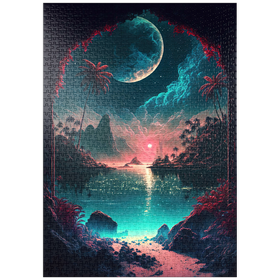 Darstellung des Puzzle-Motivs Tropische Bucht im Mondlicht mit spiegelndem Wasser – Puzzleteile: 1000