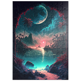 Darstellung des Puzzle Motivs Tropische Bucht im Mondlicht mit spiegelndem Wasser - Puzzleteile: 100