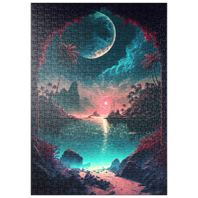 Darstellung des Puzzle-Motivs Tropische Bucht im Mondlicht mit spiegelndem Wasser – Puzzleteile: 500