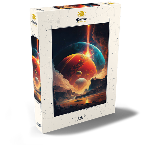 Darstellung des Puzzle Motivs Kosmische Kollision über fremde Landschaften Cosmic Collision Over Alien Landscape 1000 Puzzle Schachtel Ansicht2