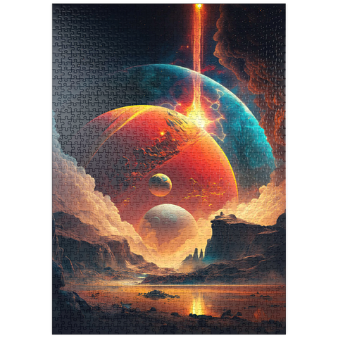 Darstellung des Puzzle Motivs Kosmische Kollision über fremde Landschaften puzzleplate Cosmic Collision Over Alien Landscape 1000 Puzzle